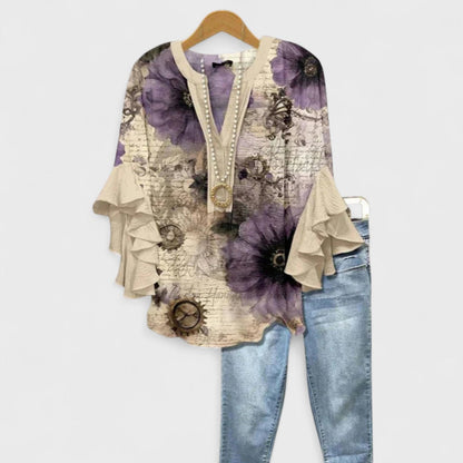 Tiered Sleeve V-Neck Blouse