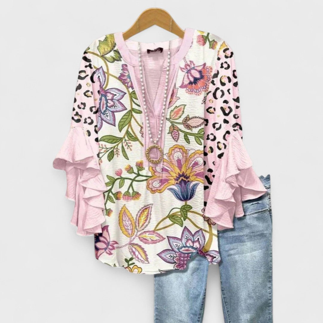 Tiered Sleeve V-Neck Blouse