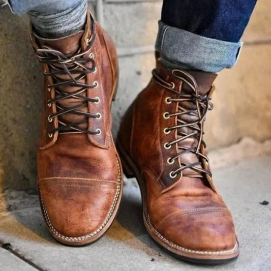 Laced Capped Stitched Crossed Ankle Welted Boots