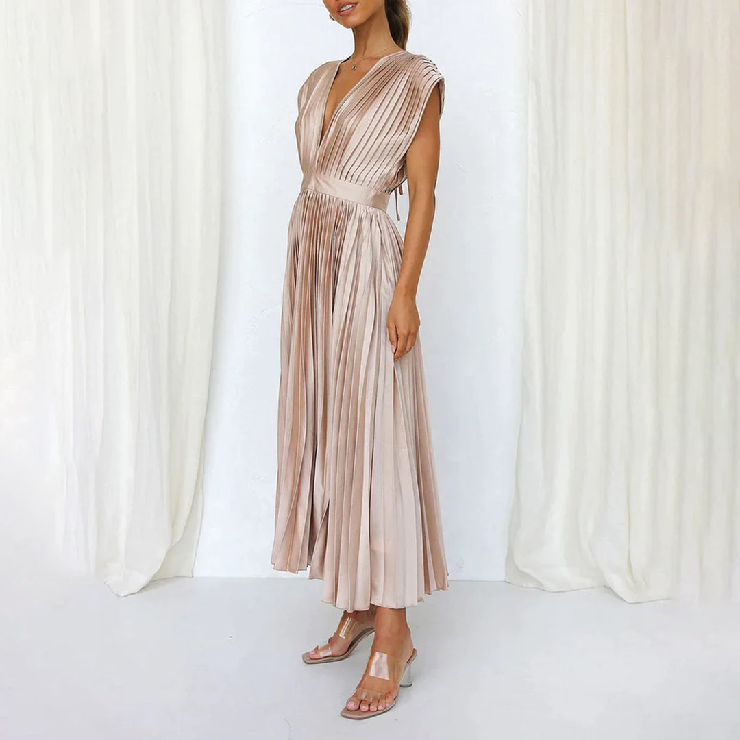 Draped Backless Sleeveless Cinched Pleated Midi Dress