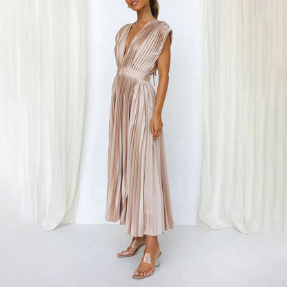 Draped Backless Sleeveless Cinched Pleated Midi Dress