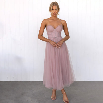 Strappy Cupped Boned Layered Flared Midi Dress
