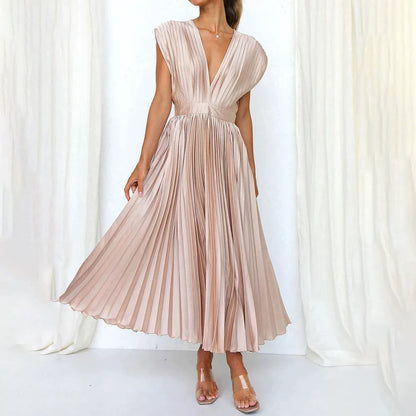 Draped Backless Sleeveless Cinched Pleated Midi Dress