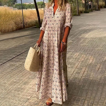 Patterned Print V Neck Tiered Collared Maxi Dress