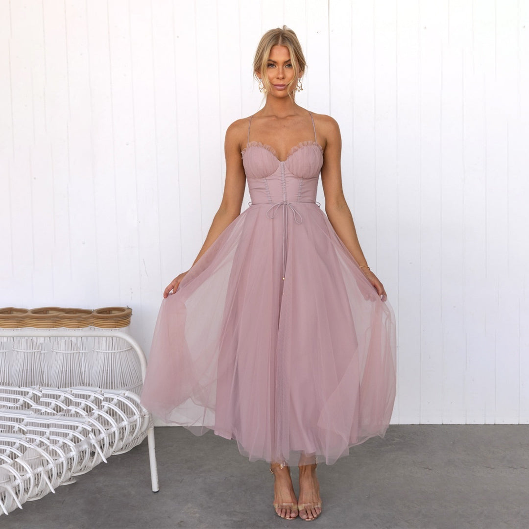 Strappy Cupped Boned Layered Flared Midi Dress