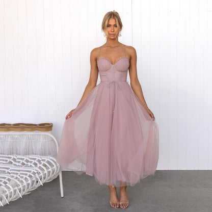 Strappy Cupped Boned Layered Flared Midi Dress