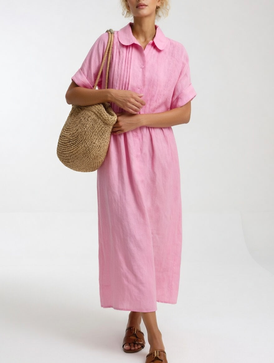 Collared Buttoned Gathered Loose Midi Dress