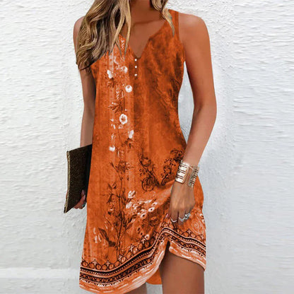 Sleeveless Patterned V Neck Mini Dress