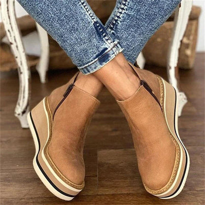 Round Toe Side Zip Wedge Boots