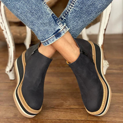 Round Toe Side Zip Wedge Boots