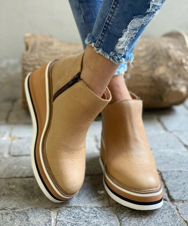 Round Toe Side Zip Wedge Boots