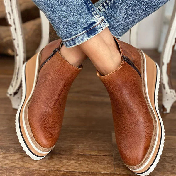 Round Toe Side Zip Wedge Boots