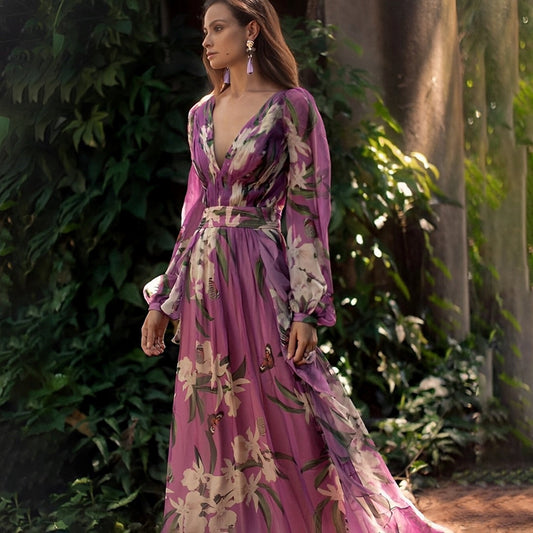 Floral Print V Neck Long Sleeve Maxi Dress