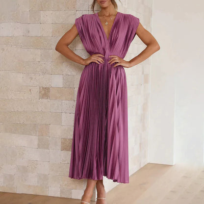 Draped Backless Sleeveless Cinched Pleated Midi Dress