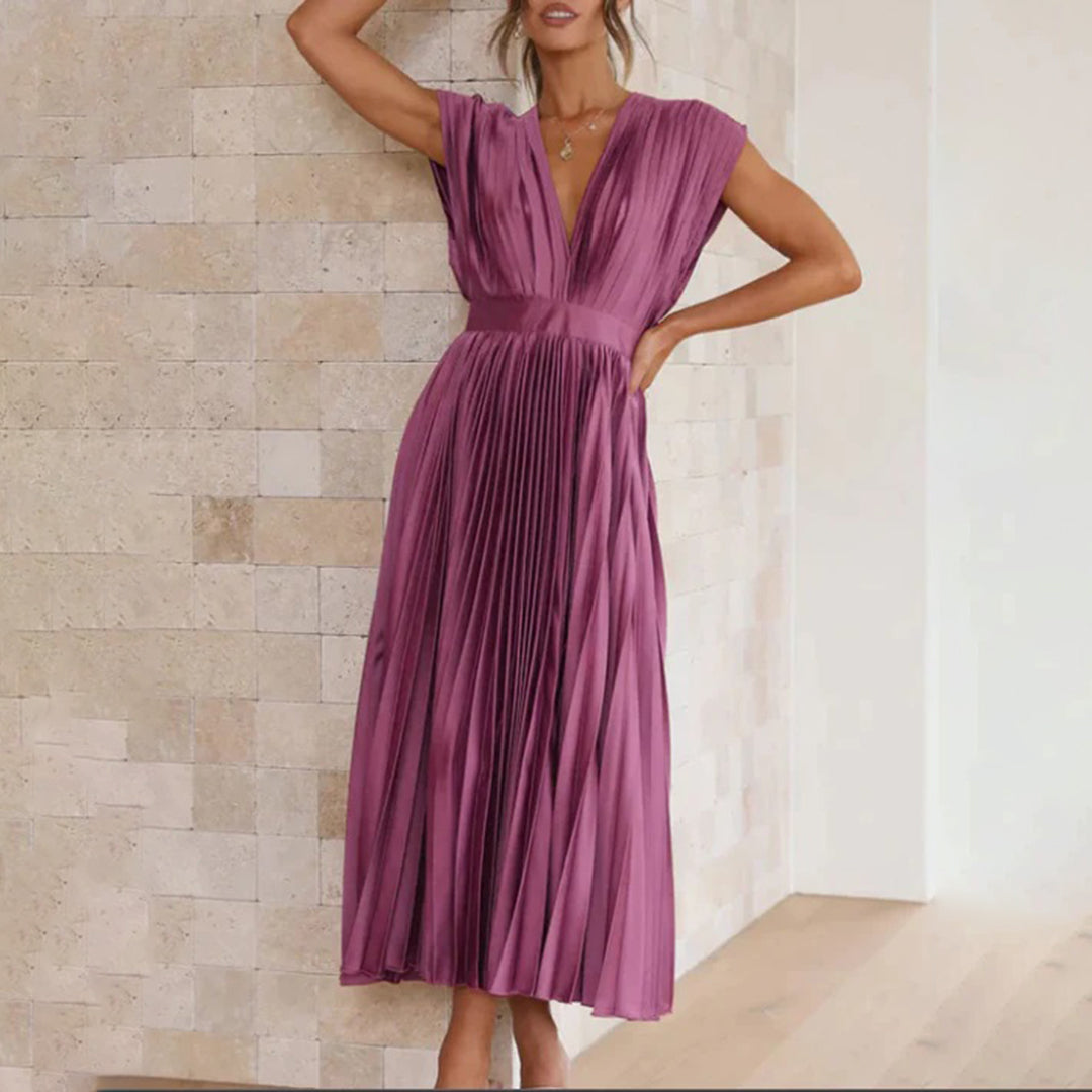 Draped Backless Sleeveless Cinched Pleated Midi Dress