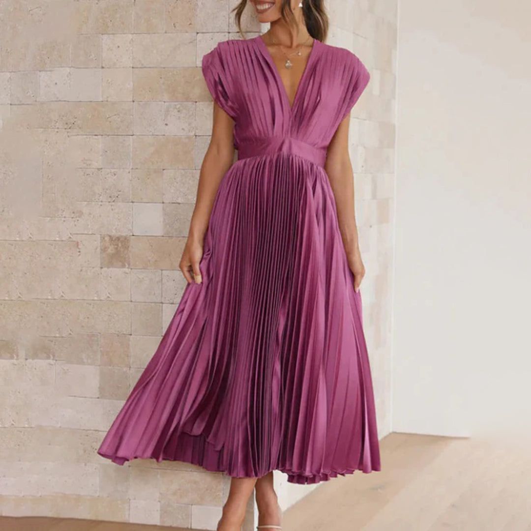 Draped Backless Sleeveless Cinched Pleated Midi Dress