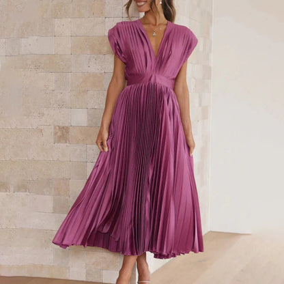 Draped Backless Sleeveless Cinched Pleated Midi Dress