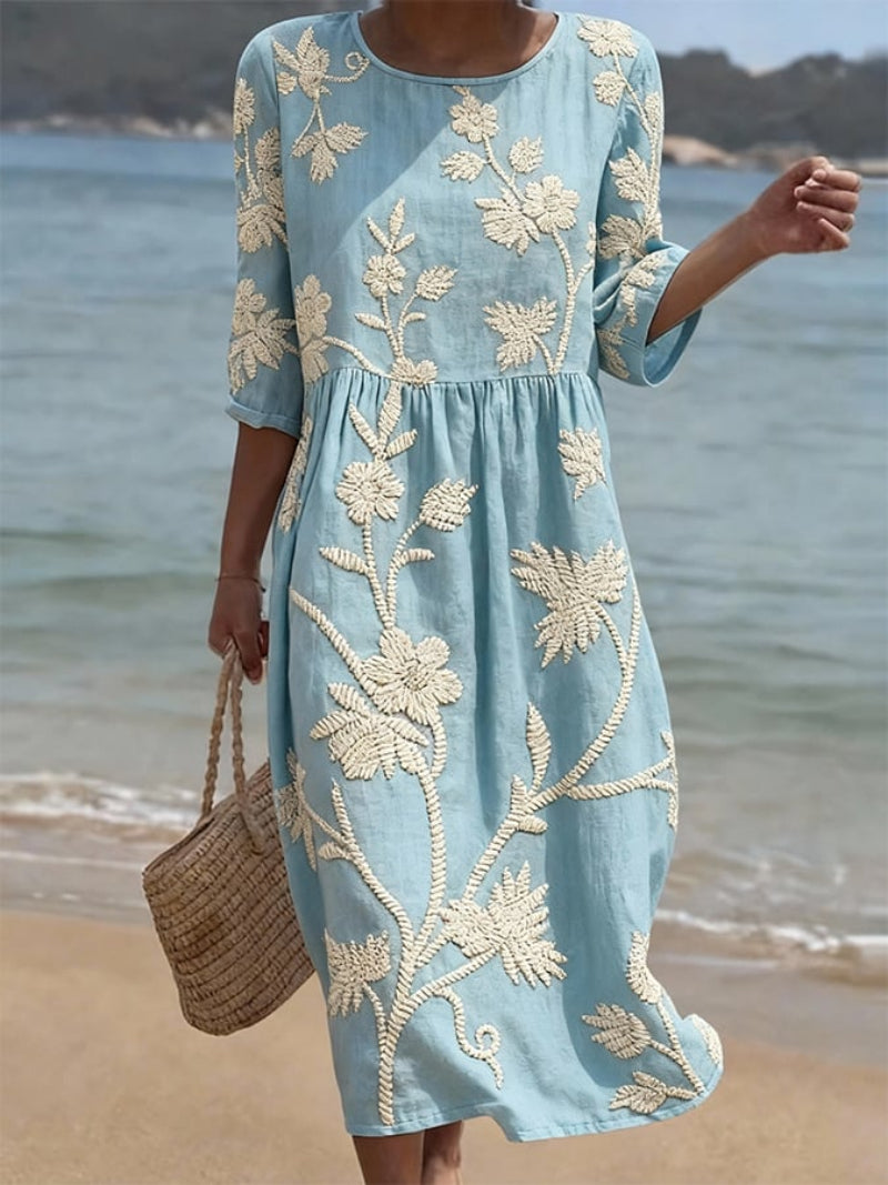 Embroidered Floral Gathered Flared Midi Dress