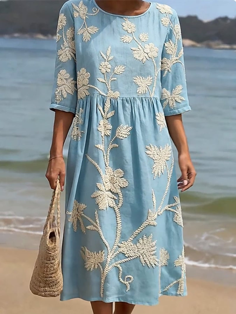 Embroidered Floral Gathered Flared Midi Dress