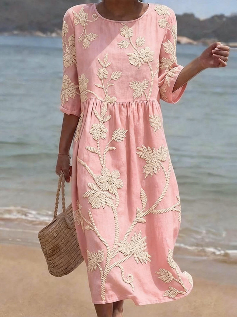 Embroidered Floral Gathered Flared Midi Dress