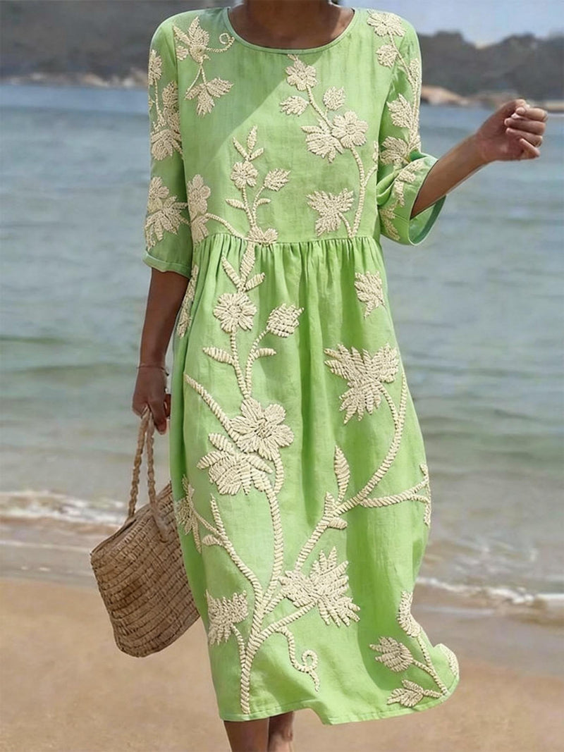 Embroidered Floral Gathered Flared Midi Dress
