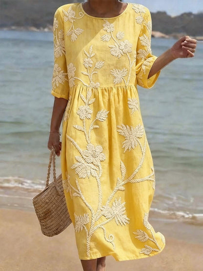 Embroidered Floral Gathered Flared Midi Dress