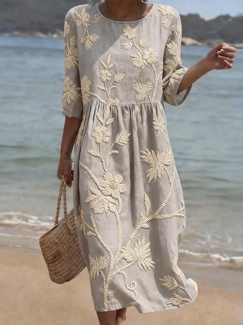 Embroidered Floral Gathered Flared Midi Dress