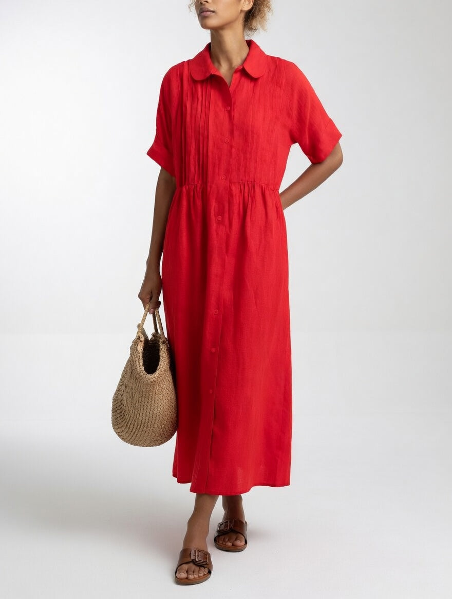 Collared Buttoned Gathered Loose Midi Dress