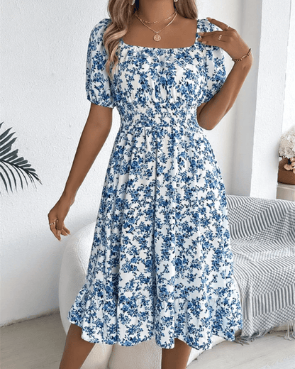 Square Neck Smocked Puff Sleeve Floral Midi Dress