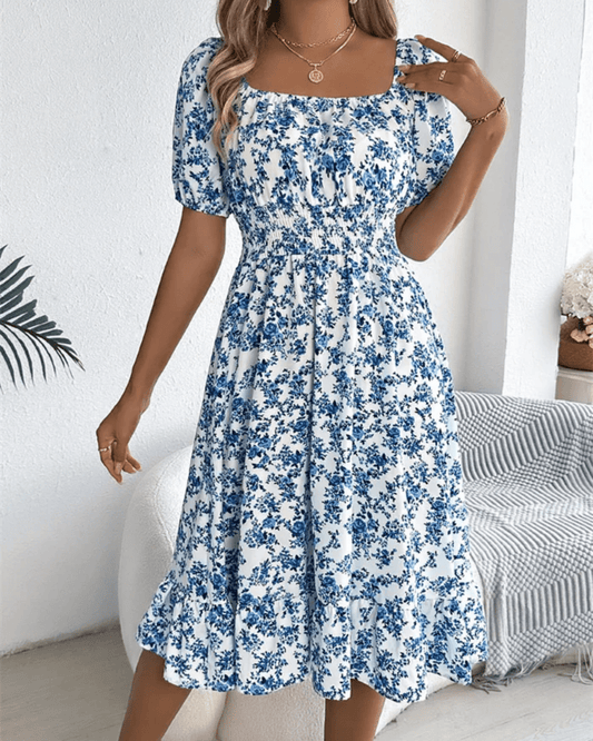 Square Neck Smocked Puff Sleeve Floral Midi Dress