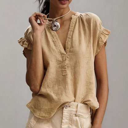 Women's V-Neck Ruffle Cap Sleeve Blouse