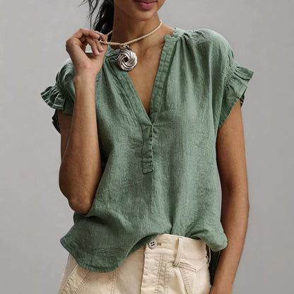 Women's V-Neck Ruffle Cap Sleeve Blouse