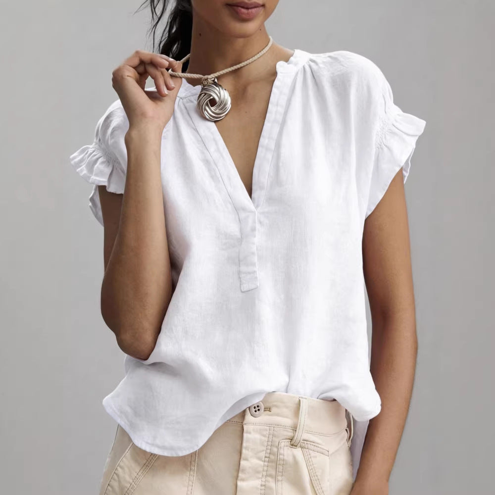 Women's V-Neck Ruffle Cap Sleeve Blouse