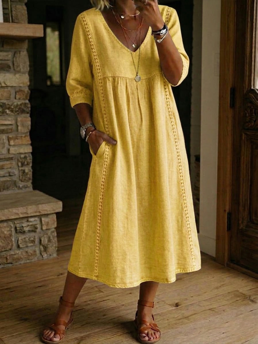 V-Neck Three-Quarter Sleeve Lace Trim A-Line Midi Dress