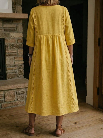 V-Neck Three-Quarter Sleeve Lace Trim A-Line Midi Dress