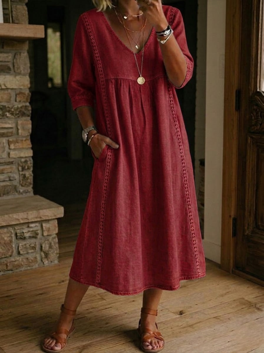 V-Neck Three-Quarter Sleeve Lace Trim A-Line Midi Dress