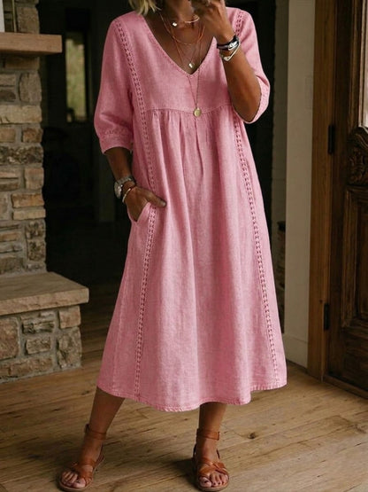 V-Neck Three-Quarter Sleeve Lace Trim A-Line Midi Dress