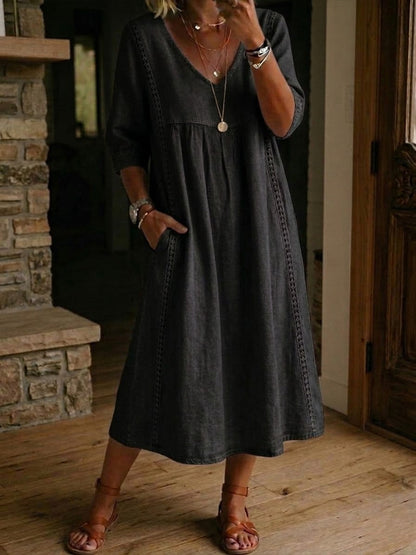V-Neck Three-Quarter Sleeve Lace Trim A-Line Midi Dress