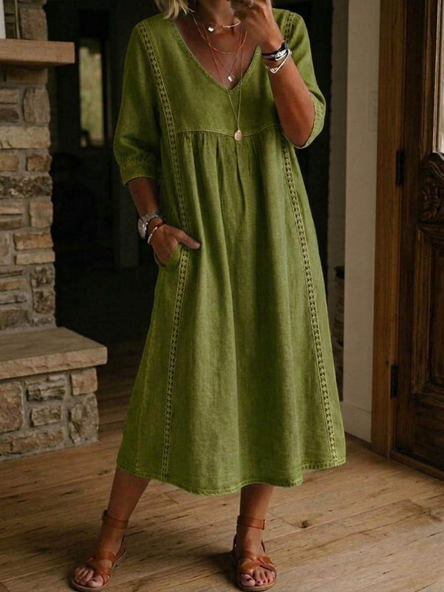V-Neck Three-Quarter Sleeve Lace Trim A-Line Midi Dress