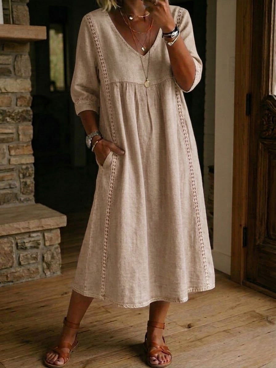 V-Neck Three-Quarter Sleeve Lace Trim A-Line Midi Dress