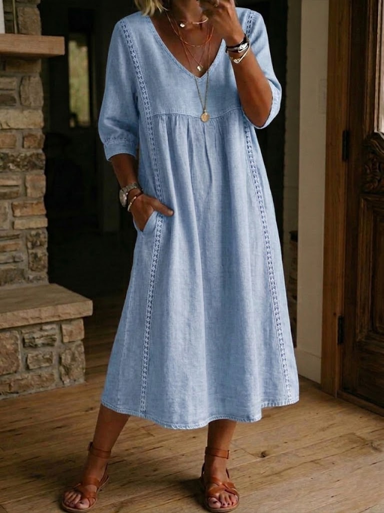 V-Neck Three-Quarter Sleeve Lace Trim A-Line Midi Dress