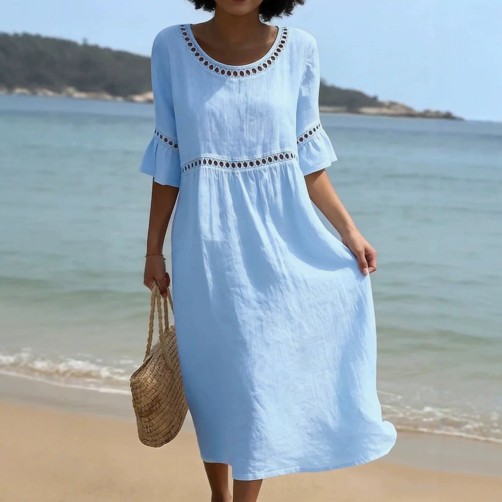 Round Neck Flared Sleeve Hollow Out Summer Midi Dress