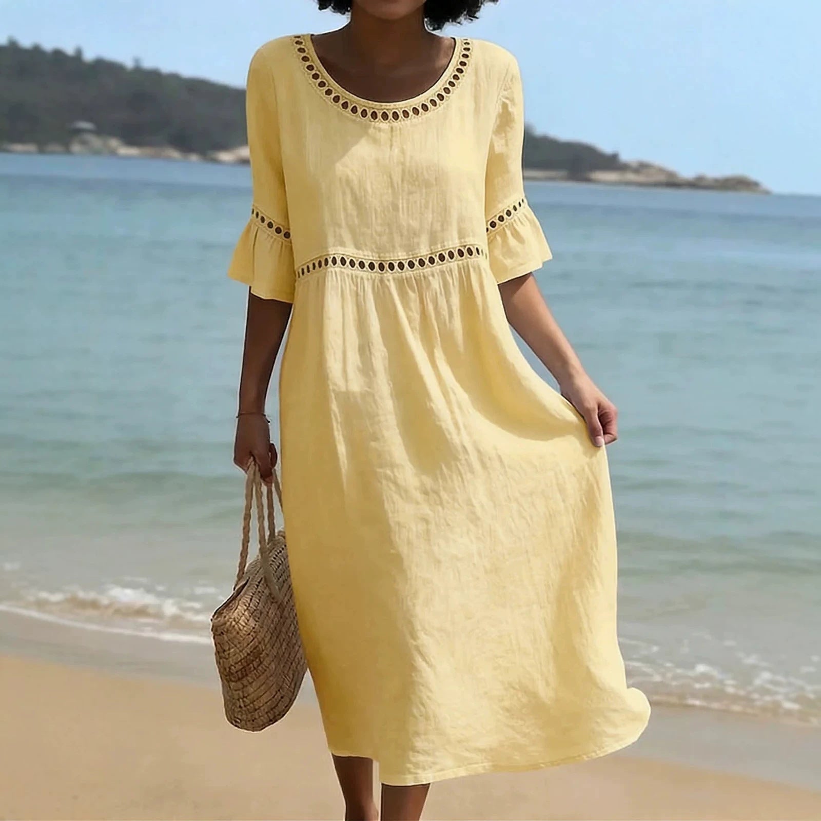 Round Neck Flared Sleeve Hollow Out Summer Midi Dress