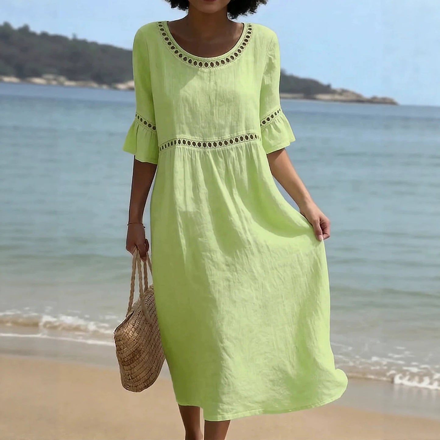 Round Neck Flared Sleeve Hollow Out Summer Midi Dress