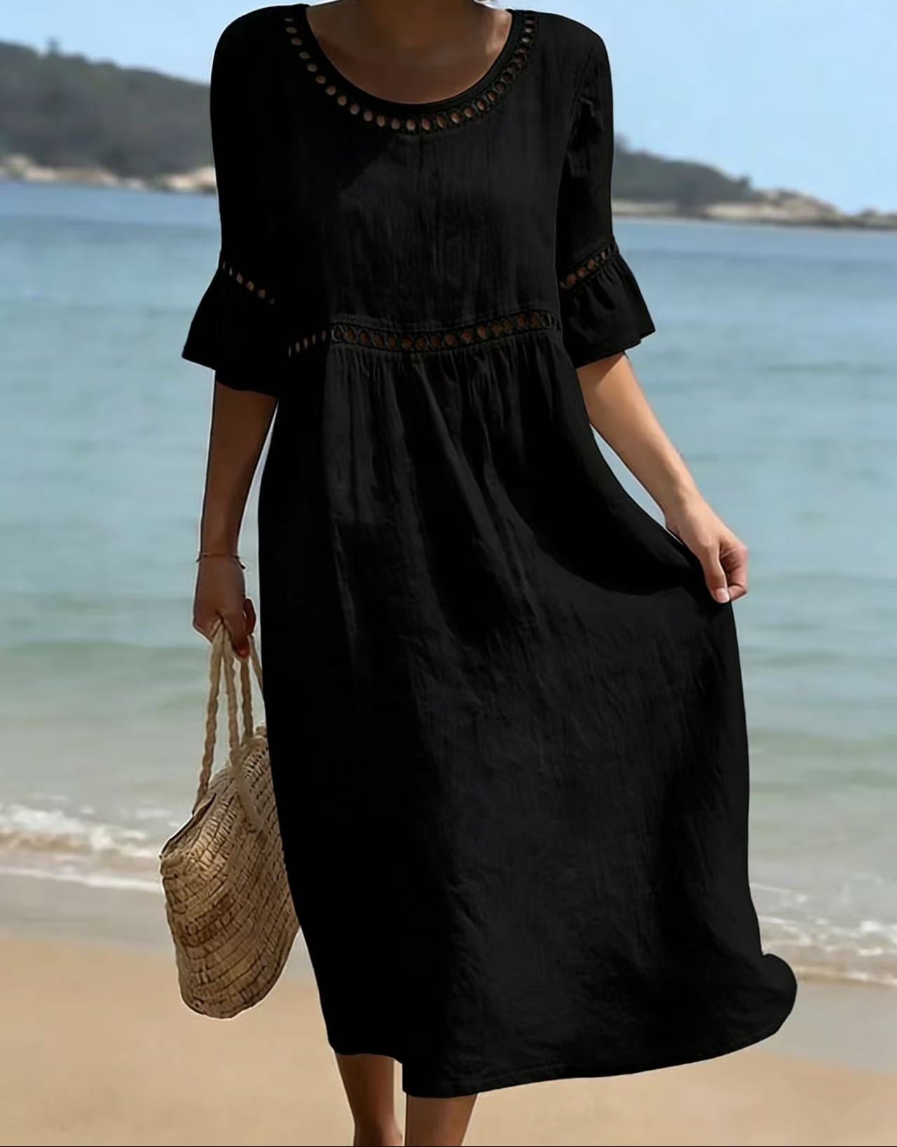Round Neck Flared Sleeve Hollow Out Summer Midi Dress
