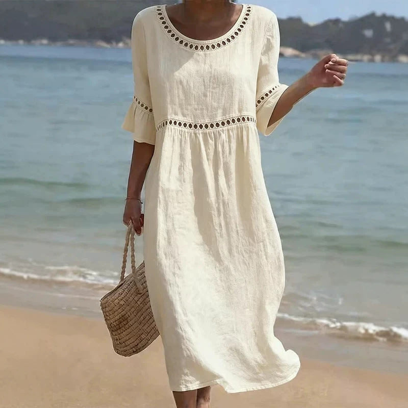 Round Neck Flared Sleeve Hollow Out Summer Midi Dress