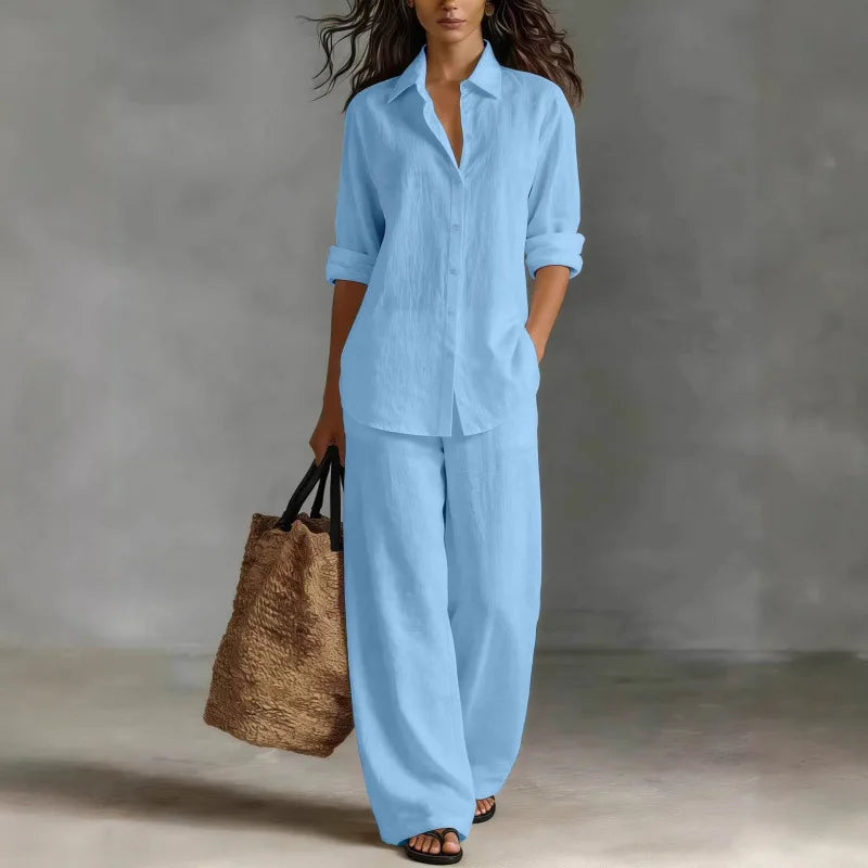 Women's Collared Long Sleeve Shirt and Wide Leg Pants Set