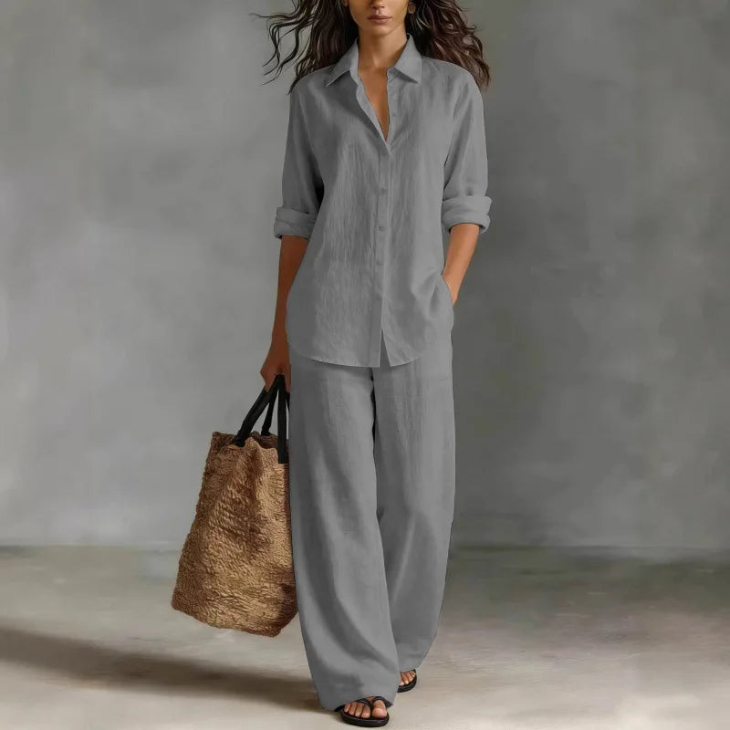 Women's Collared Long Sleeve Shirt and Wide Leg Pants Set