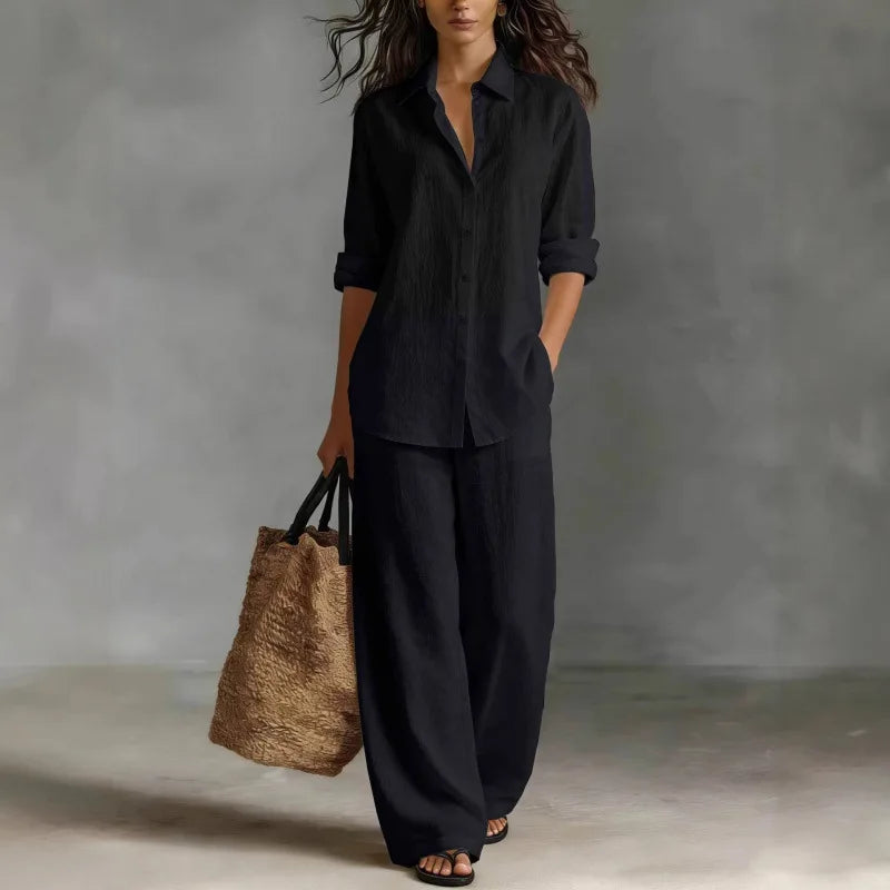 Women's Collared Long Sleeve Shirt and Wide Leg Pants Set