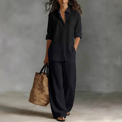 Women's Collared Long Sleeve Shirt and Wide Leg Pants Set